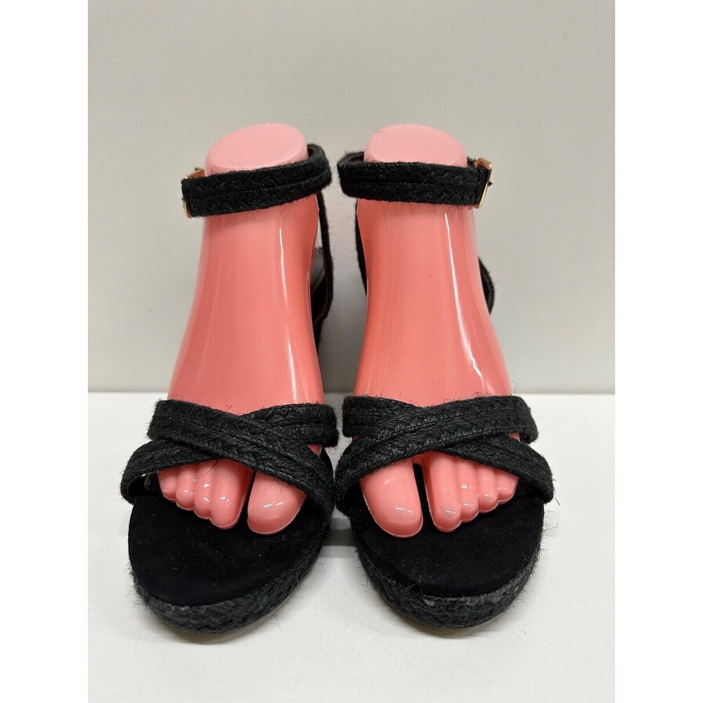 Express women size 9 black rope open toe wedged ankle buckle strap sandals - Picture 2 of 14